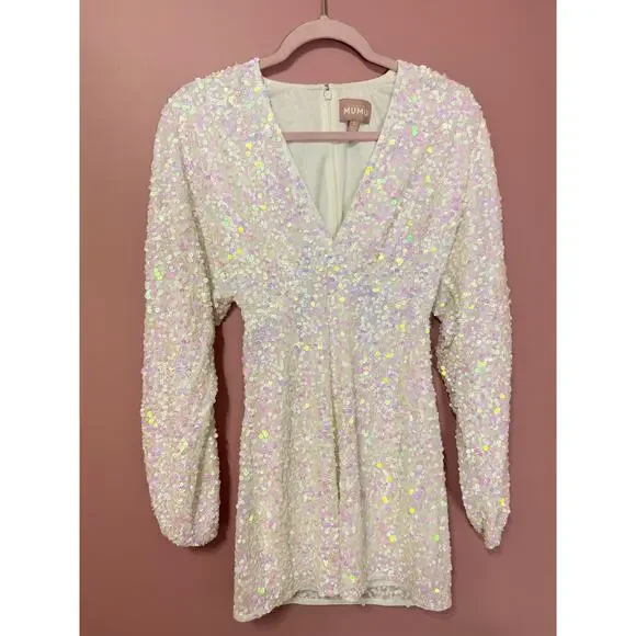 NEW Show Me Your Mumu Kidman Long-Sleeve Sequin Mini Dress in White Size Small